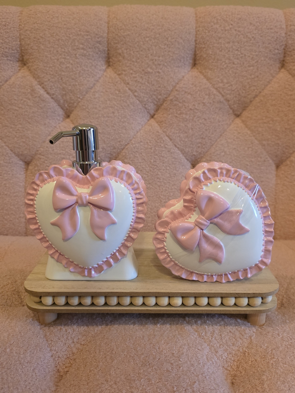 Pink Heart Bow Ceramic Soap Dispenser & Heart Dish With Lid Set - Picture 3 of 10